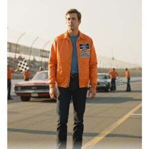 Vintage 1970s Permatex Racing Jacket Size Large Hi-Vis Orange Snap Buttons EUC